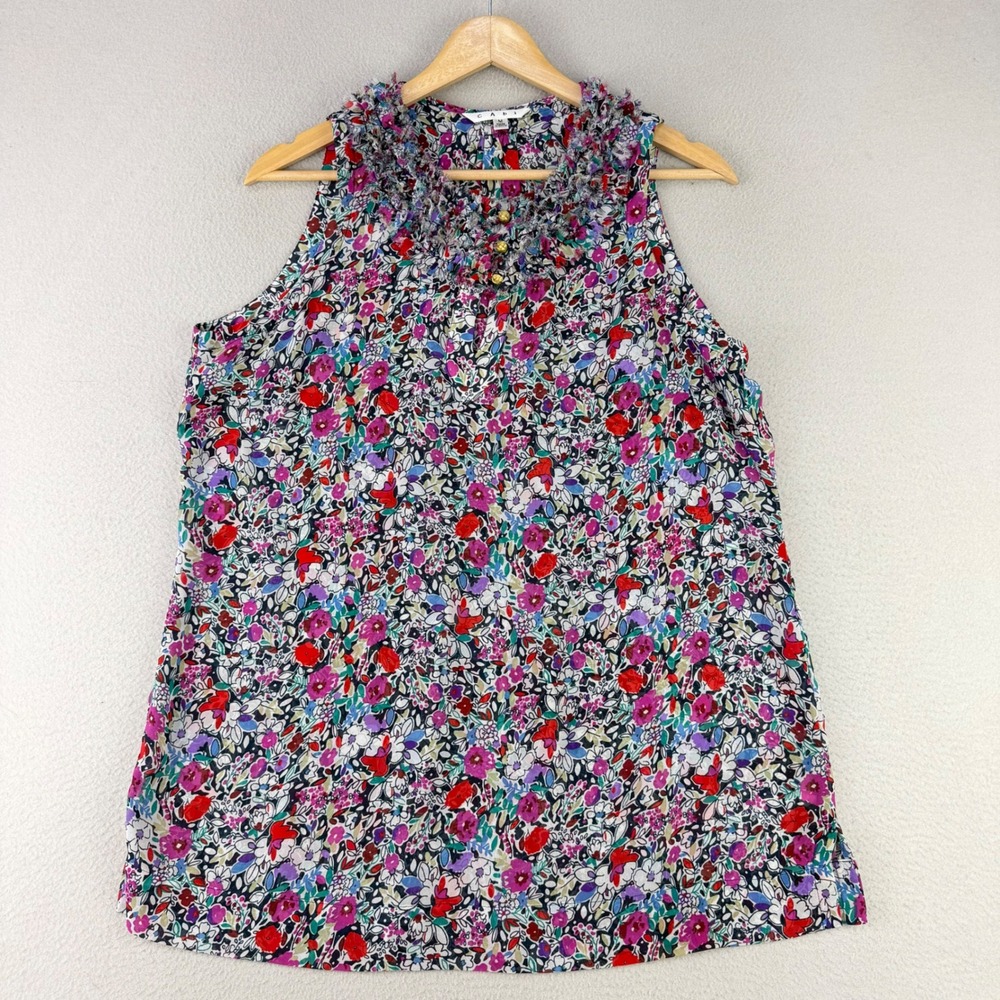 Cabi Tank Top Women Medium Multi‎ Floral Ruffle Neck Sleeveless Career